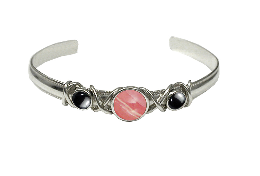 Sterling Silver Hand Made Cuff Bracelet With Rhodocrosite And Hematite